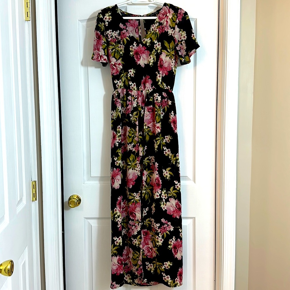 *As U Wish* Black & Pink Floral Maxi Romper Dress Size S  Never worn!